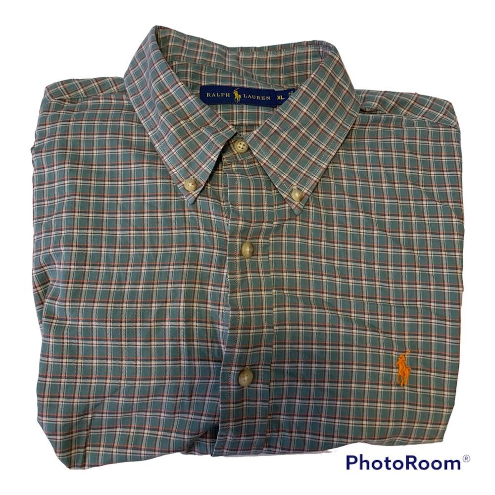 Ralph Lauren XL Mens long sleeve drk green with orange‎ white and tan